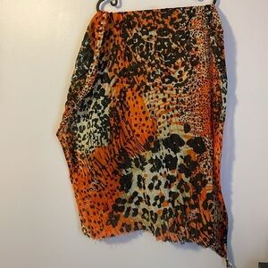 Betsey Johnson Orange Black Animal Print Spell Out Semi Sheer Scarf Raw Edged